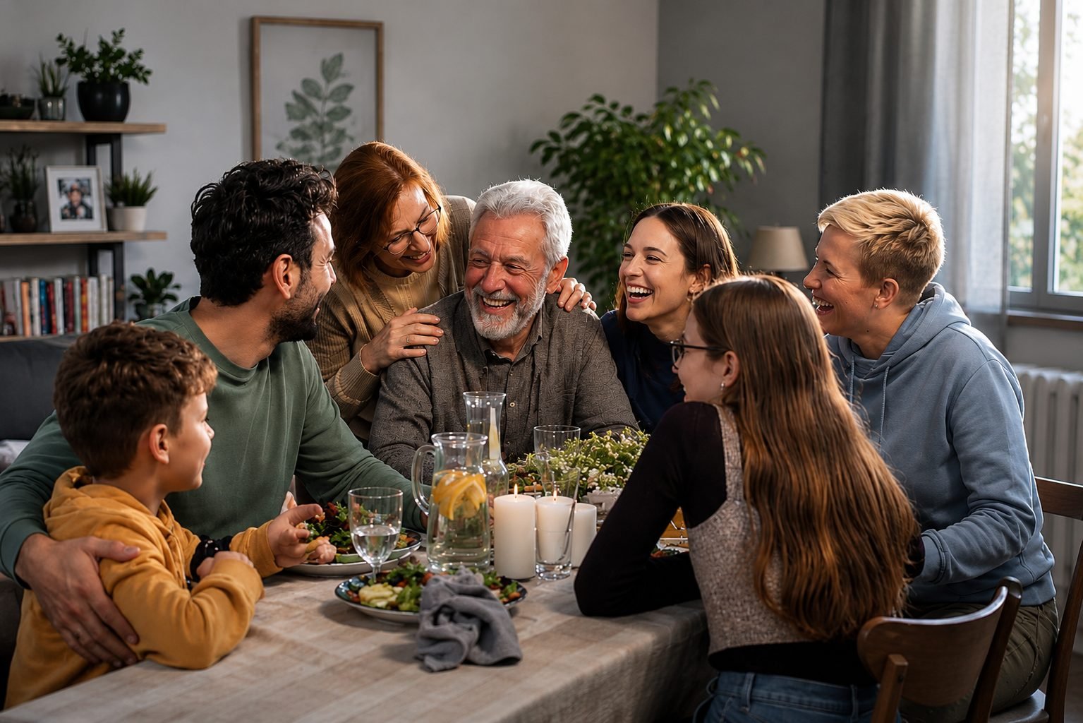 Familia de varias generaciones disfrutando reunida en la mesa
