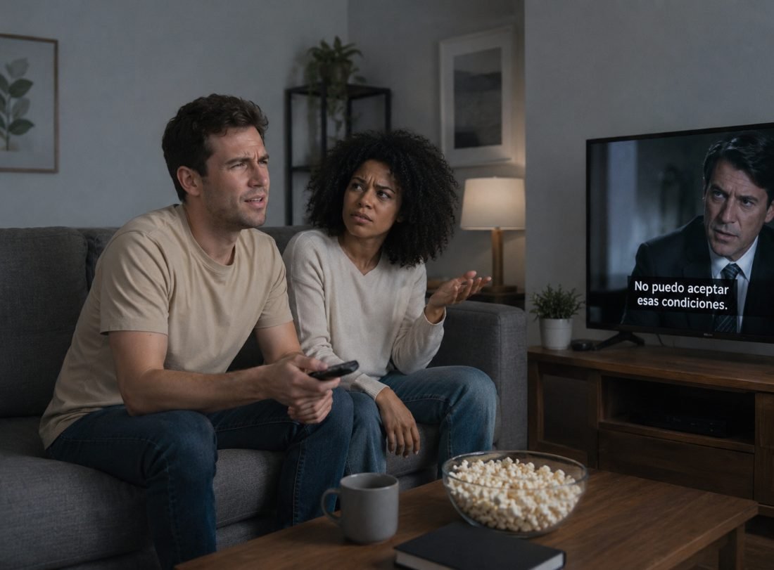 Pareja viendo la tele con subtítulos y gesto de frustración por no entender los diálogos