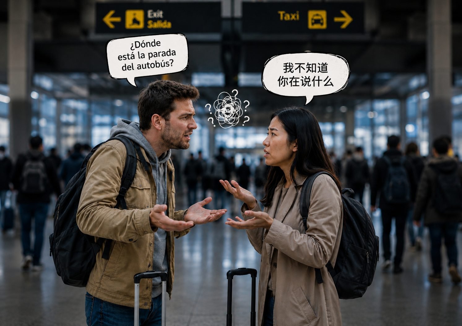 Dos personas que no se entienden por hablar idiomas distintos, como oír sin comprender
